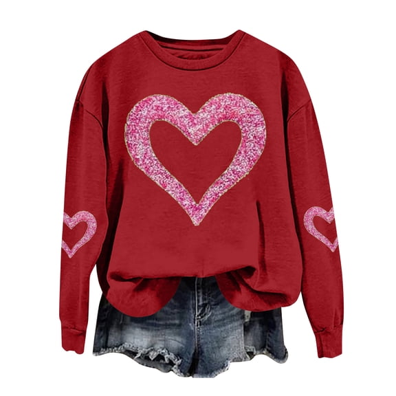 Women's Valentine Pullover Love Heart Crewneck Comfy Shirts Long Sleeve Valentine's Day Casual Graphic Sweatshirts Deep Red 2XL