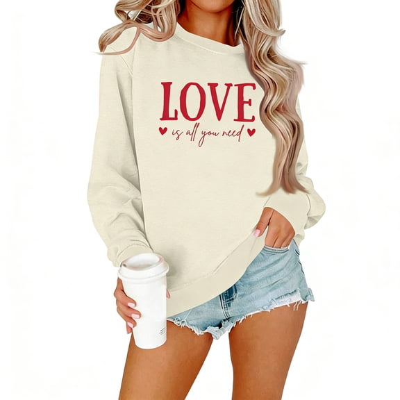 Valentines Sweatshirts for Women Love Heart Long Sleeve Casual Pullover Crewneck Warm Valentine's Day Tops Beige S