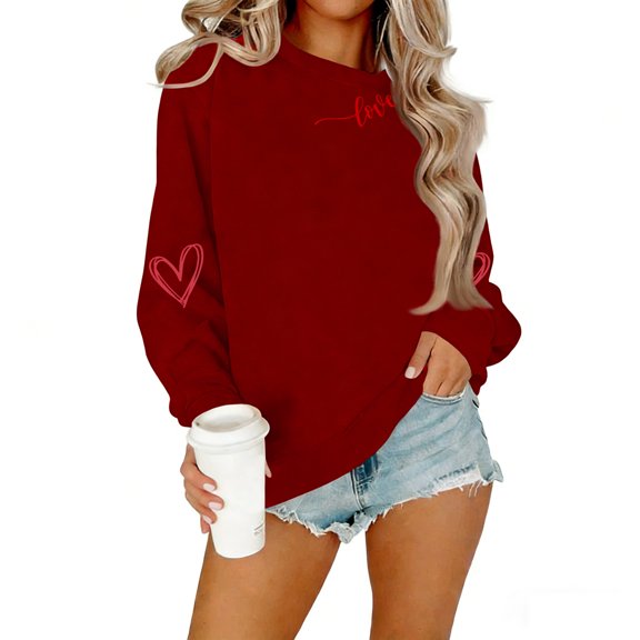 Valentines Pullover for Women Love Heart Crewneck Spring Shirts Long Sleeve Valentine's Day Oversized Graphic Sweatshirts Red S