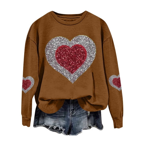 Women's Valentine Sweatshirts Love Heart Crewneck Spring Shirts Long Sleeve Casual Oversized Graphic Sweatshirts Brown L