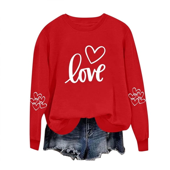 Valentine Sweatshirts for Women Love Heart Long Sleeve Oversized Pullover Crewneck Spring Valentines the Day Tops Red M