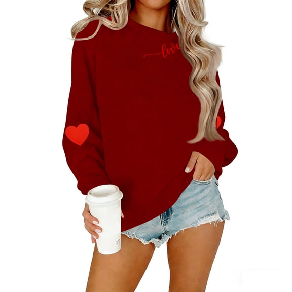 Valentines Pullover for Women Love Heart Crewneck Comfy Shirts Long Sleeve Casual Oversized Tops Red S