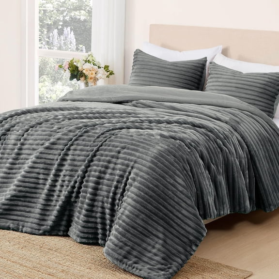 Fleece Queen Comforter Set, Soft Fuzzy Queen Bedding Sets, 3-Pieces Grayish Blue Comforter Set for All Season, Warm Fluffy Comforter with 2 Pillow Cases