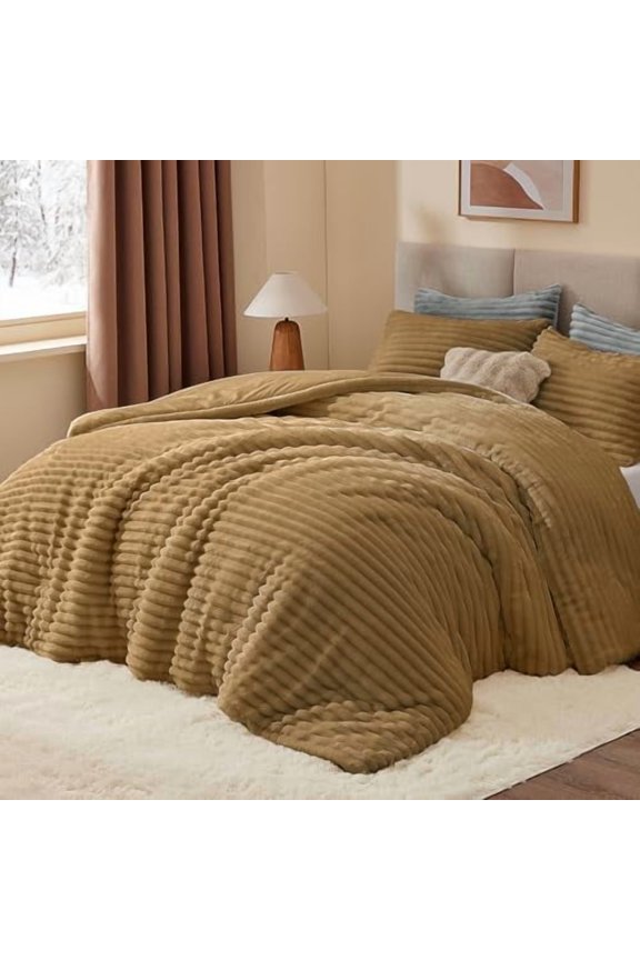Fleece Queen Comforter Set -Super Soft & Warm Fluffy Brown Bedding, Luxury Fuzzy Heavy Bed Set for Winter with 2 Pillow Cases