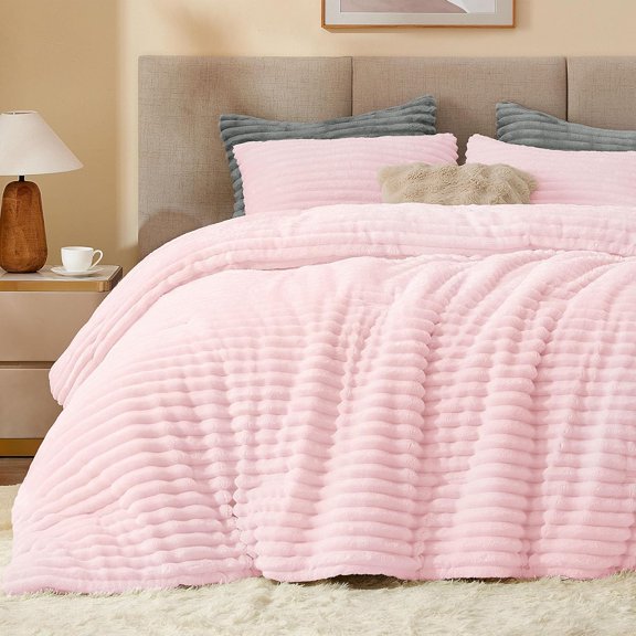 Fleece Queen Comforter Set -Super Soft & Warm Fluffy Cherry Blossom Bedding, Luxury Fuzzy Heavy Bed Set for Winter with 2 Pillow Cases