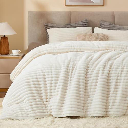Fleece Queen Comforter Set -Super Soft & Warm Fluffy Cream White Bedding, Luxury Fuzzy Heavy Bed Set for Winter with 2 Pillow Cases