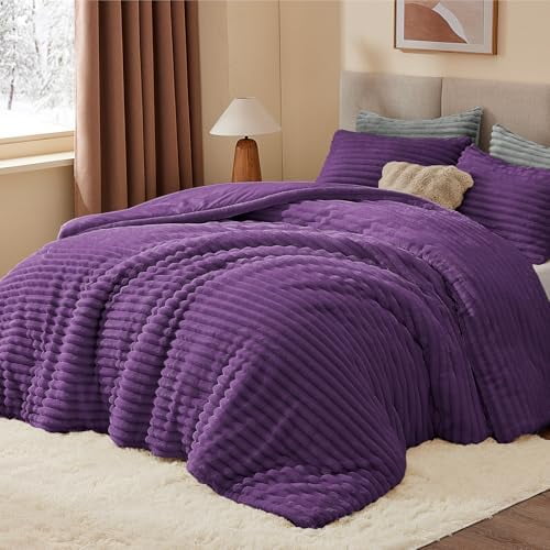 Fleece Queen Comforter Set -Super Soft & Warm Fluffy Purple Bedding, Luxury Fuzzy Heavy Bed Set for Winter with 2 Pillow Cases