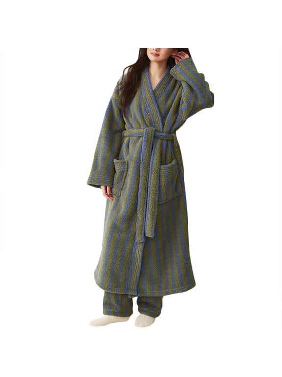 Women's Fuzzy Fleece Long Robe Striped Plush Kimono Warm Thick Fluffy Oversized V Neck Loungewear Maxi Bathrobe Green L