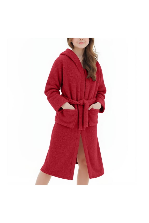 Fleece Robes for Girls with Belt Pockets Bear Ear Hooded Soft Long Bathrobe Big Kid Winter Clothes 5-15 Years (7 Years, Red)