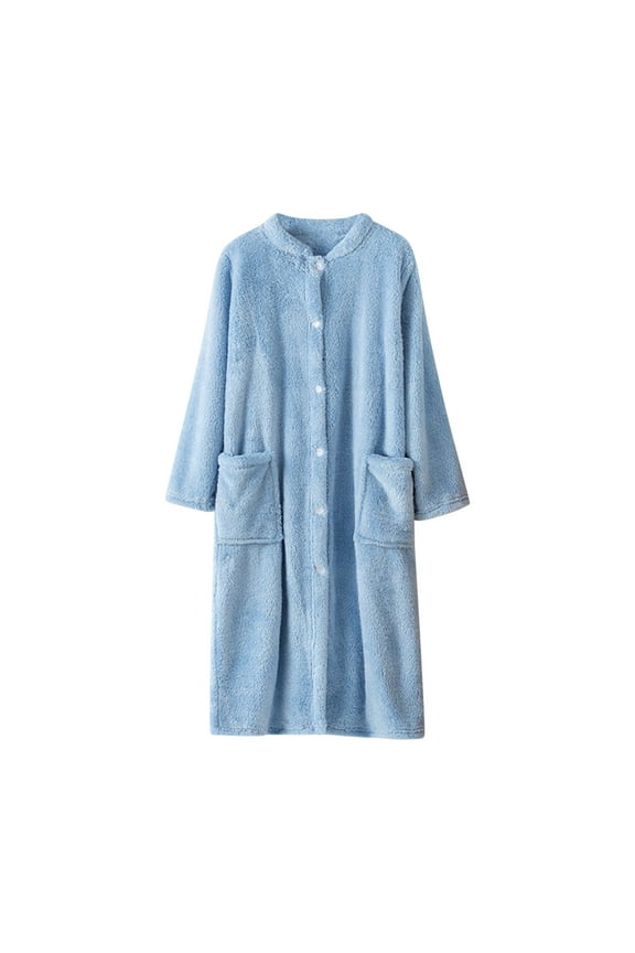 Fleece Robes for Women Men Plush Button Down Bathrobe Knee Length Warm Housecoat Long Sleeve Cozy Sleepwear with Pockets