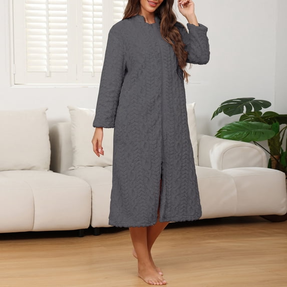 Fleece Robes for Women Plushs Zipper Front Long Bathrobe Warm Housecoat Sleepwear with Pockets New Womens Housecoat Robe Dark Gray S