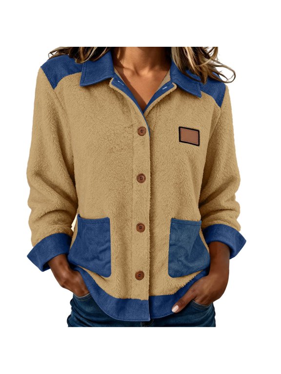 Fleece Shacket for Women Lapel Button Down Denim Patchwork Shirt Jackets