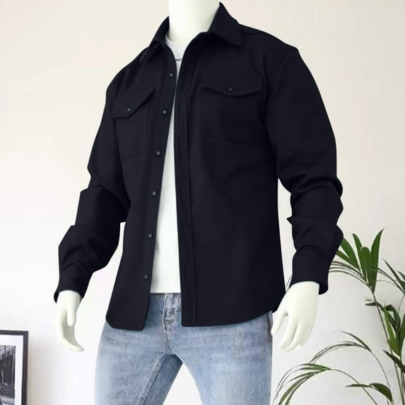 Fleece Shackets Jackets for Men with Pockets and Collared Button-Down Long Sleeve Shirts Mens Casual Solid Color Warm Work Outerwear Coats