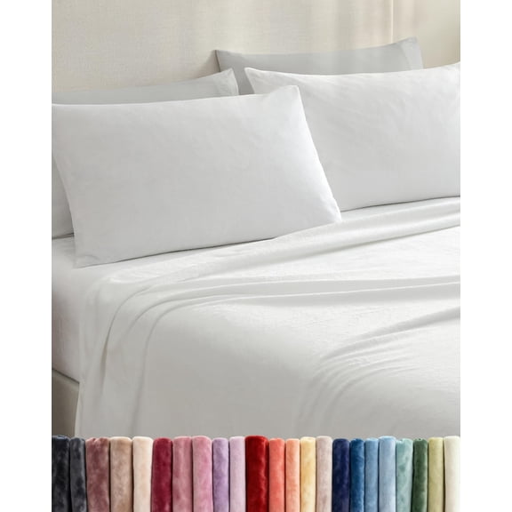 Fleece Sheets Full Size Set - 4-  Flannel Sheet Set -  Soft Fleece Bedding - 1 Flat & 1 Fitted and 2 Pillowcases - Cozy Warm, Comfy & Plush - Deep Pockets, Fuzzy & Anti-Static - White