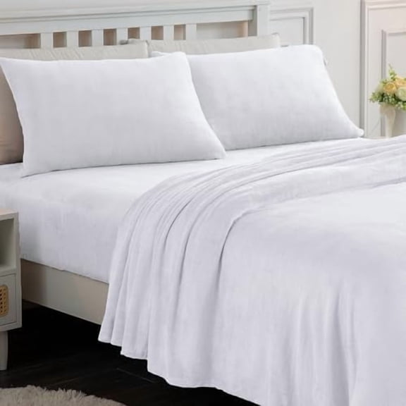 Fleece Sheets Queen Size, Flannel Like Soft, Fuzzy Warm Plush Sheets, Velvet Polar Microfleece Bedding for Winter, White