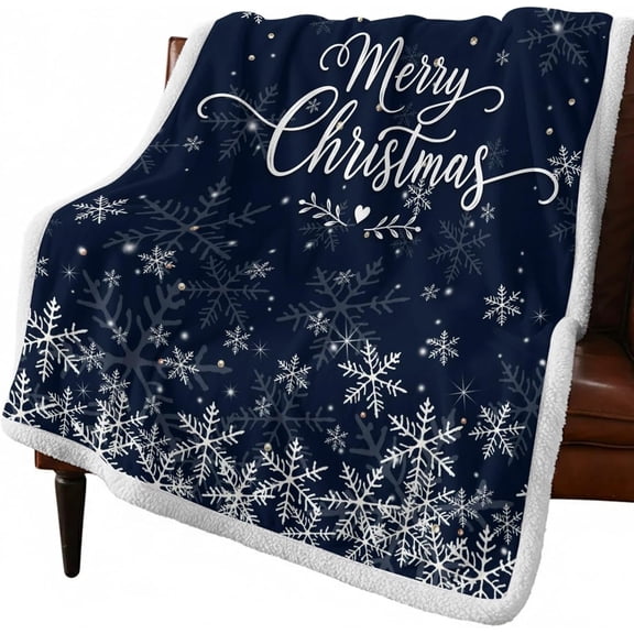 Fleece Sherpa Bed Blankets, Navy Blue Christmas Microfiber Plush Flannel Throw Blanket, White Xmas Snowflake Winter Soft Reversible Picnic Blanket for Camping Travel Home Decor Gifts 50"x60"