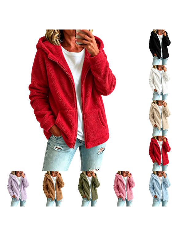 Fleece Sherpa Jacket Women Cozy Teddy Hoodie Long Sleeves Fall Winter Cardigan Casual Zip Up Coats
