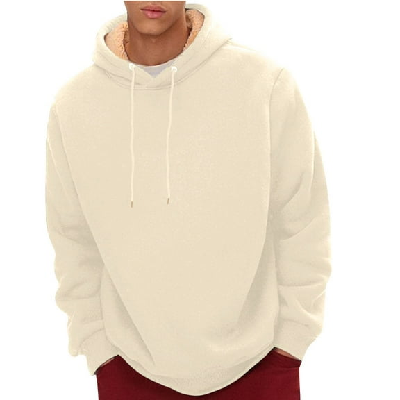 Fleece Sherpa Lined Hoodies for Men | Oversized Drawstring Long Sleeve Sweatshirts for Mens,Winter Warm Pullover Beige XL