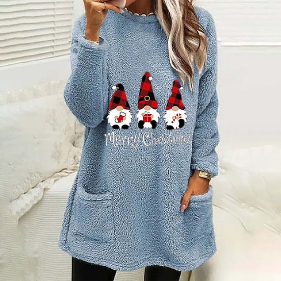 Fleece Sherpa Pullover for Women Christmas Gnomes Printed Casual Crewneck Pullover Winter Warm Faux Fur Sweatshirts Loungwear Tops with Pocket