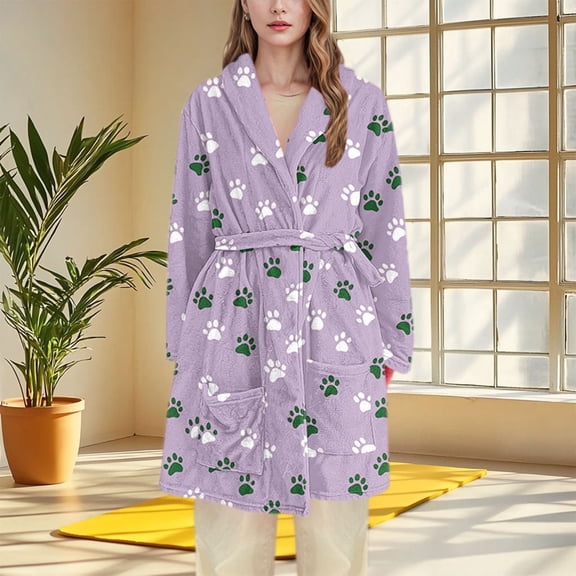 Fleece Short Robe for Women Soft Warm Flannel Bathrobe Cute Printed Fuzzy Loungewear Belted Bathrobes with Pockets Purple M