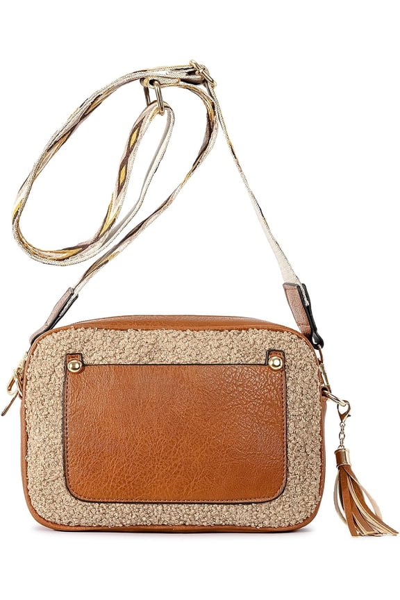 Fleece Small Crossbody Bag for Women, Sherpa Fuzzy Camera Side Shoulder Purse Handbag with Wide Strap & Tassel