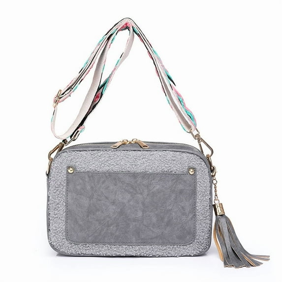 Fleece Small Crossbody Bag for Women, Sherpa Fuzzy Camera Side Shoulder Purse Handbag with Wide Strap & Tassel