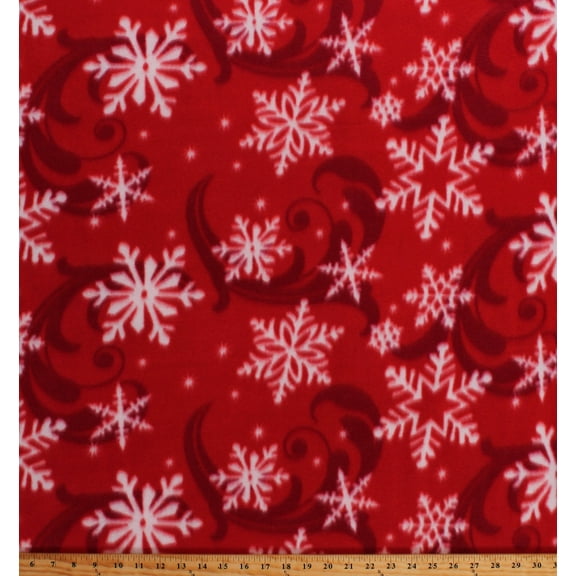 Fleece Snowflakes Snow Swirls on Red Winter Christmas Holiday Fleece Fabric Print by the Yard (7968M-11C)