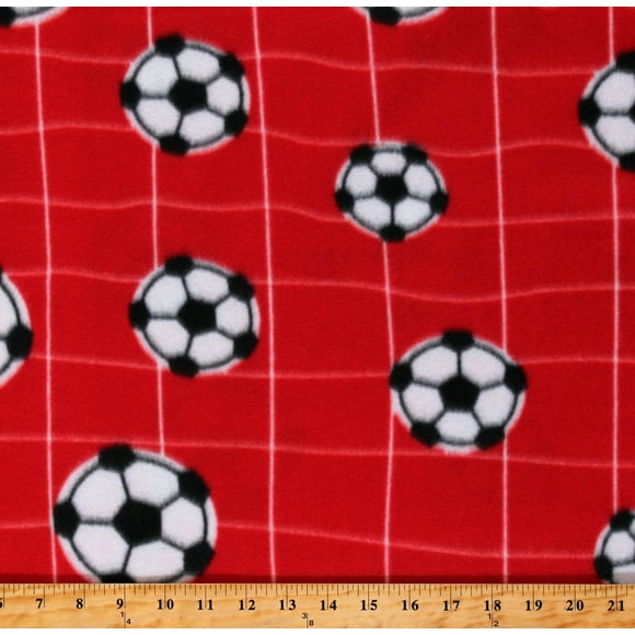 Fleece Soccer Balls Soccerballs Net Allover on Red Sports Fleece Fabric Print by the Yard (A408.50)