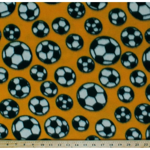Fleece Soccer Balls Tossed Soccerballs on Yellow Sports Fleece Fabric Print by the Yard s0415g