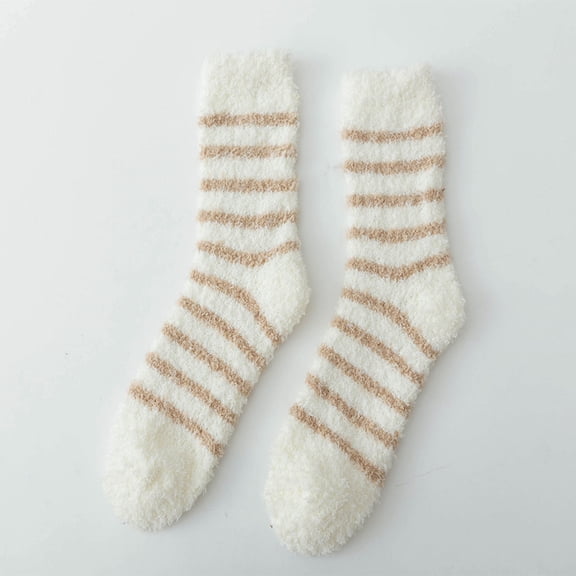 Fleece Socks 2 Pair Pack - Fuzzy Striped Crew Socks for Women & Men, Beige, One Size Fits Most, Ultra Soft Plush Warm House Socks,Size Free Size