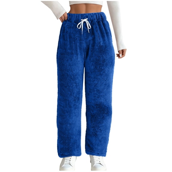 Fleece Soft Women's Wide Leg Sweatpants High Waisted Drawstring Fuzzy Plush Lounge Pants with Pockets