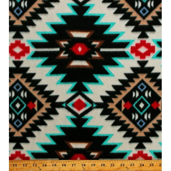 Fleece Southwestern Diamonds Tribal Aztec Native Shadow Diamond Black Turquoise Red Tan Fleece Fabric Print by the Yard (36500-1)
