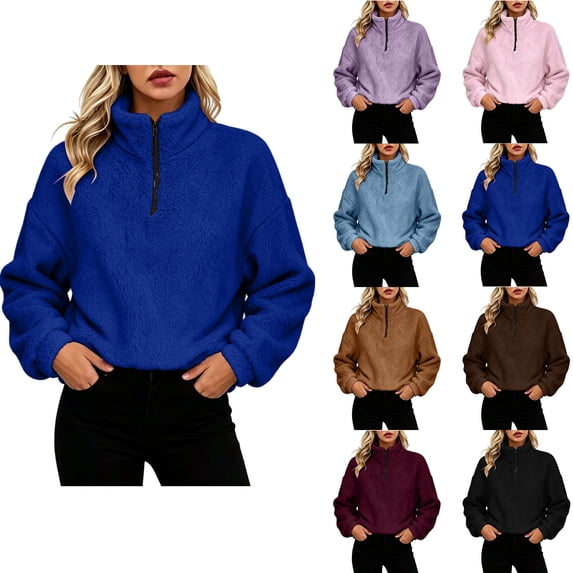 Fleece Stand Collar Jacket Women Zaewscy Ladies' Casual And Fashionable Round Neck Long Sleeved Solid Color Zipper Top Blue S