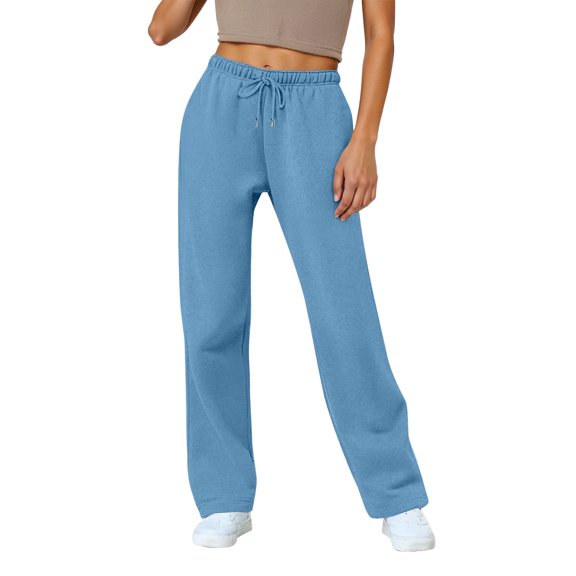 Fleece Sweat Pants for Womens Straight Legs Winter Sweatpants High Waisted Workout Pants with Pockets Light Blue L