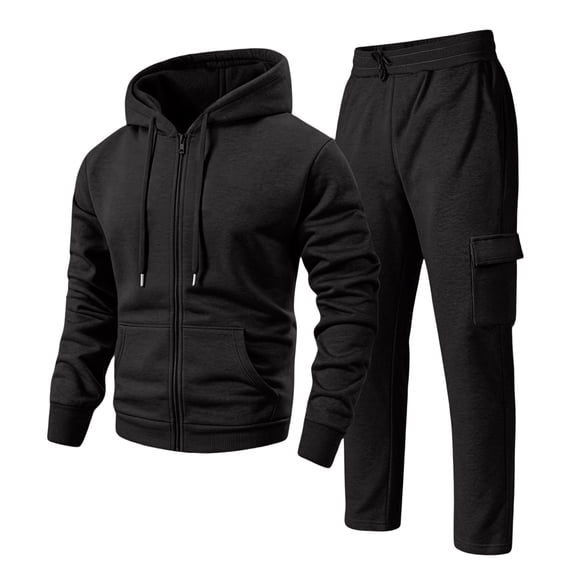 Fleece Sweat Suit Mens 2 Piece Pullover Set Full Zip Hoodie Straight Leg Cargo Sweatpants Set Black M