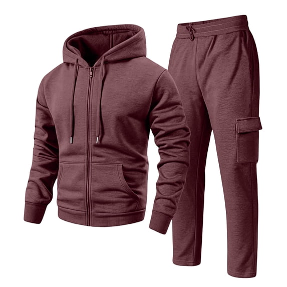 Fleece Sweat Suit Mens 2 Piece Pullover Set Full Zip Hoodie Straight Leg Cargo Sweatpants Set Wine S