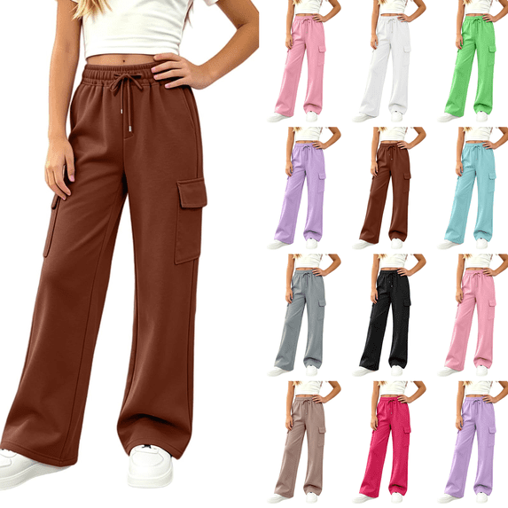 Fleece Sweatpants Girls Preppy Kids Cargo Pants Wide Leg Baggy Sweat Pants Teen Joggers Casual Trousers with Pockets Coffee 9-10Y(150)