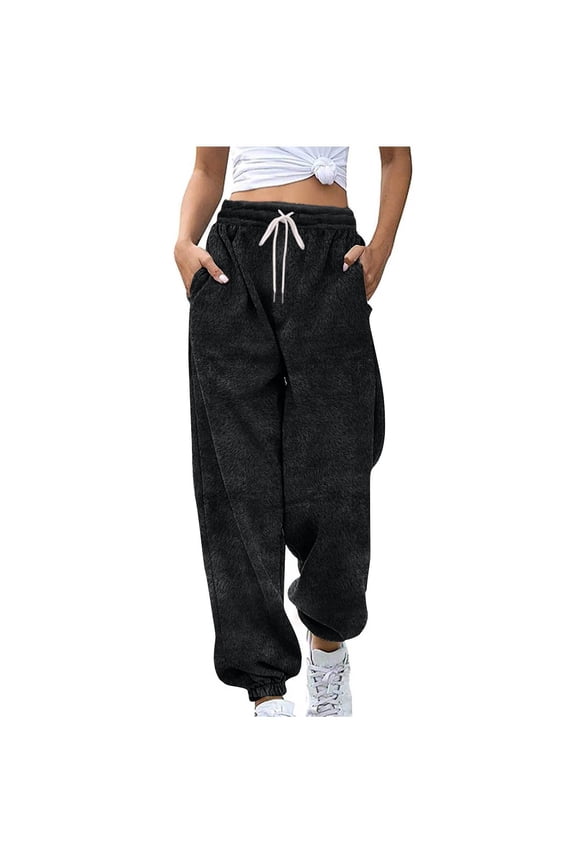 Fleece Sweatpants for Women Fuzzy Plush High Waisted Teddy Furry Trouser Winter Warm Cinch Joggers with Pockets