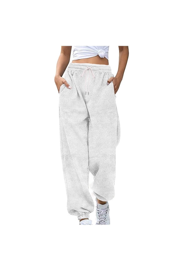Fleece Sweatpants for Women Fuzzy Plush High Waisted Teddy Furry Trouser Winter Warm Cinch Joggers with Pockets