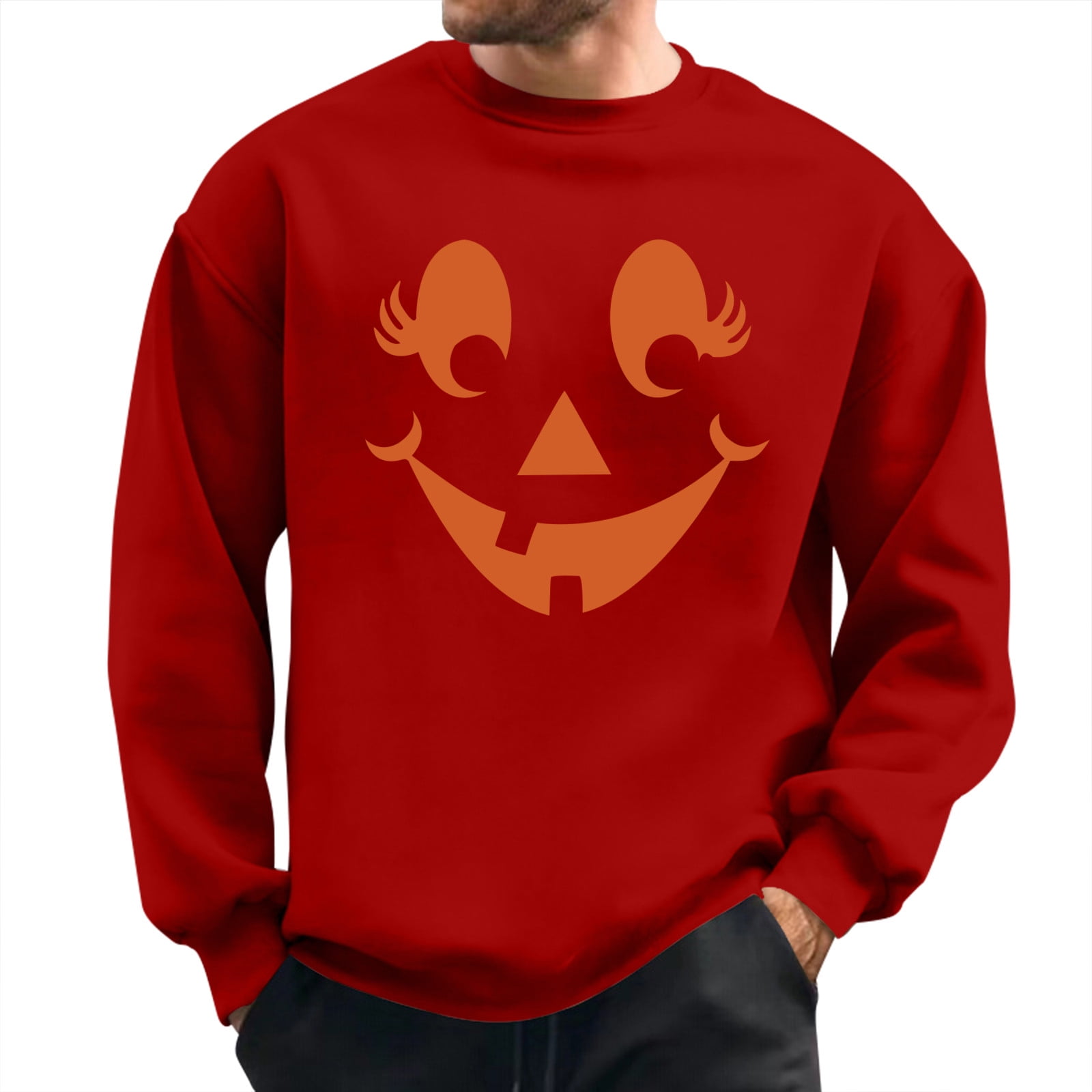 Fleece Sweatshirt for Men Pumpkin Face Print Pullover Tops Long Sleeve