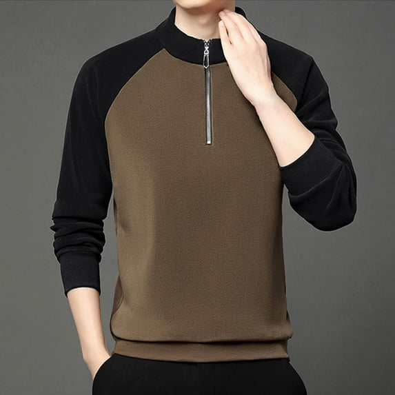 Fleece Sweatshirts for Men with Zipper Stand Collar Long Sleeve Shirts Pullover Slim Color Block Thermal Warm Loungewear Athletic Sweatshirt Tops