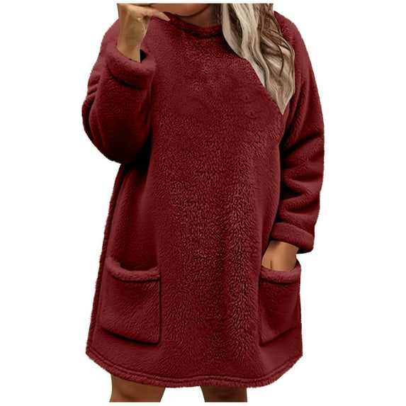 Fleece Sweatshirts for Women Crew Neck Long Sleeve Solid Color Plus Size Pullover Warm Polar Fleece No Hooded Tops (L, Red)