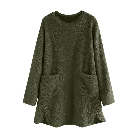 Fleece Sweatshirts for Women Crewneck Long Sleeve Fuzzy Tops Solid Color Warm Thickened Fall Winter Blouse with Pockets (XXL, Army Green)