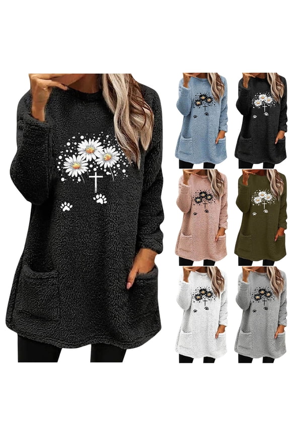 Fleece Sweatshirts for Women Long Sleeve Round Neck Tunic Top with Pockets Daisy Print Pullover for Fall Winter Casual Soft Warm Loungewear