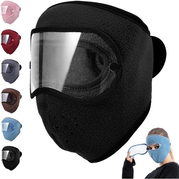 Fleece Thermal Mask with Removable Goggles, Winter Running Warm Mask with Full Face Protection, Breathable Windproof No Fog for Men and Women Running Skiing Hiking Cycling