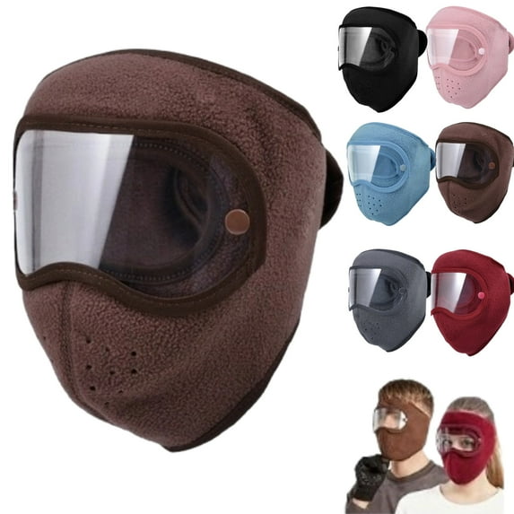 Fleece Thermal Mask with Removable Goggles and Breathing Vent, Full Face Mask Thermal, Winter Outdoor Mask for Men Women,Coffee