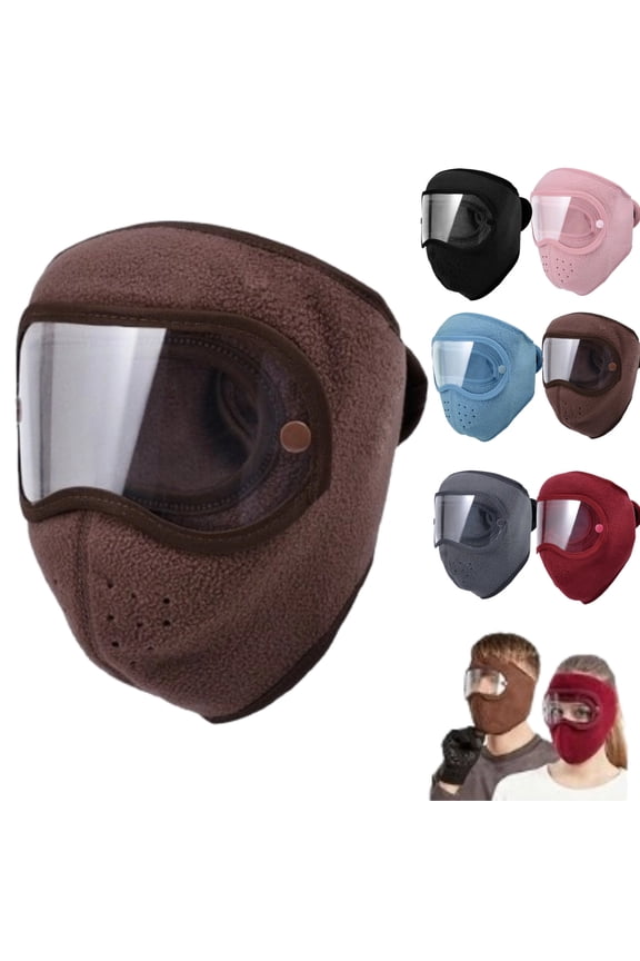 Fleece Thermal Mask with Removable Goggles and Breathing Vent, Full Face Mask Thermal, Winter Outdoor Mask for Men Women,Coffee
