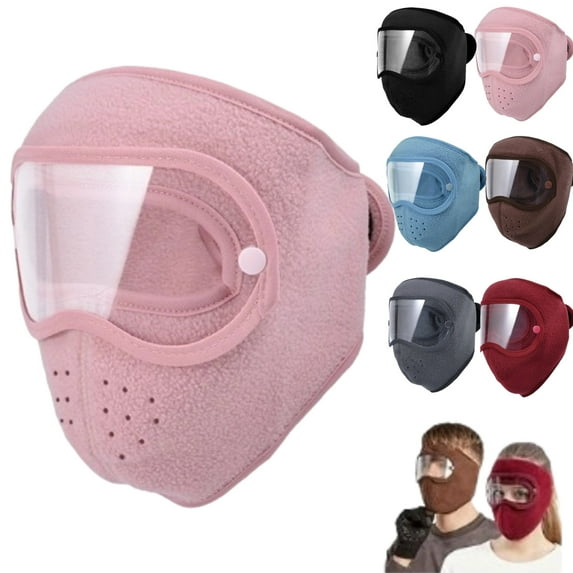 Fleece Thermal Mask with Removable Goggles and Breathing Vent, Full Face Mask Thermal, Winter Outdoor Mask for Men Women,Pink
