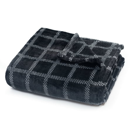 Fleece Throw Blanket - 50x60 Inch - Modern Dash Windowpane Design - Ultra Soft Warmth - Black