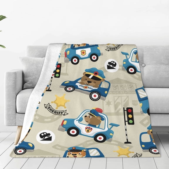 Fleece Throw Blanket Animals Driving Police Car Print Reversible Plush Fluffy Large Big Blanket for Sofa Couch Bed-40"x30"